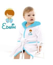 Baby and Toddler Cute Prince Charming Baby Design Embroidered Hooded Bathrobe in Contrast Color 100% Cotton